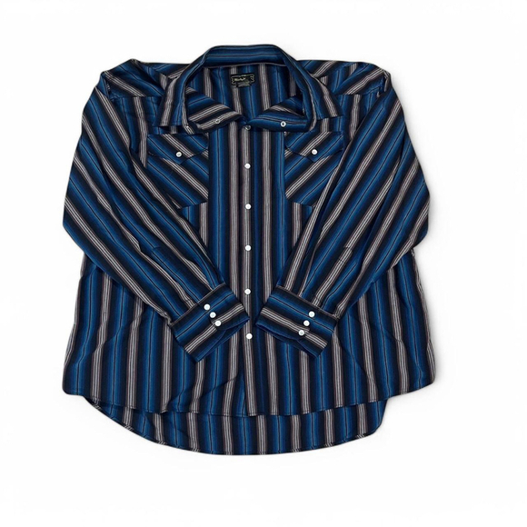 Vintage High Noon Men’s 3XL Blue Striped Pearl Snap Western Shirt Plus Size - Picture 1 of 8